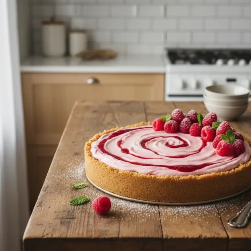 Beautiful plated No-Bake Raspberry Cream Pie