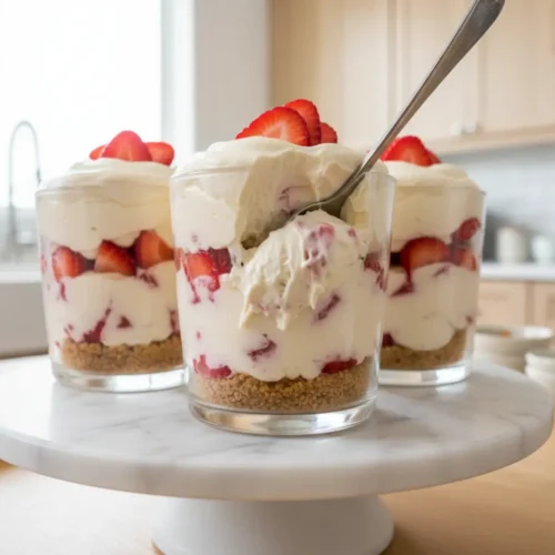 Beautiful plated No-Bake Strawberry Cheesecake Cups
