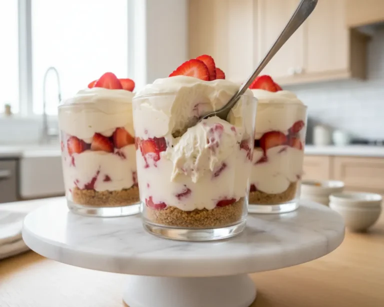 Beautiful plated No-Bake Strawberry Cheesecake Cups