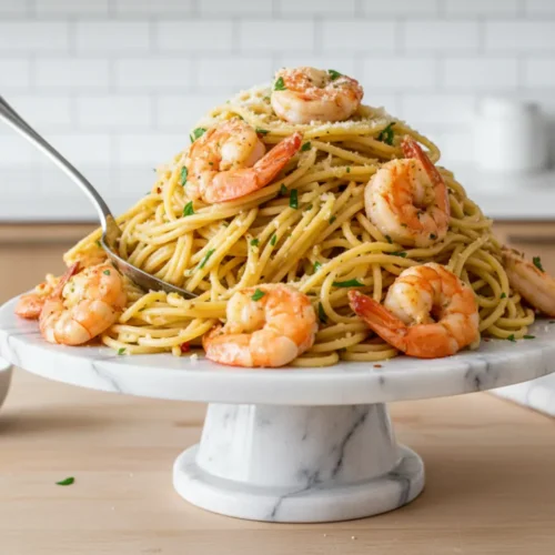 Beautiful plated One-Pot Garlic Butter Shrimp Pasta