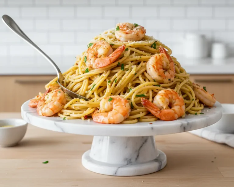 Beautiful plated One-Pot Garlic Butter Shrimp Pasta