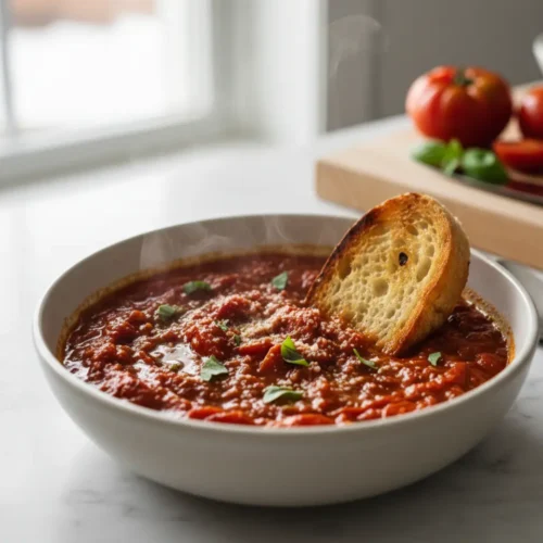 Beautiful plated Overripe Summer Tomato Sauce