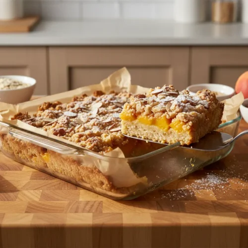 Beautiful plated Peach Pie Crumb Bars