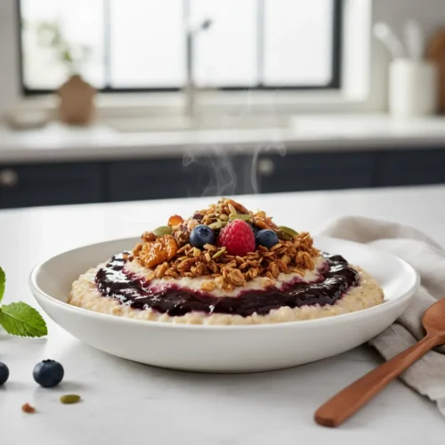 Beautiful plated Postbiotic Overnight Fermented Oat Porridge