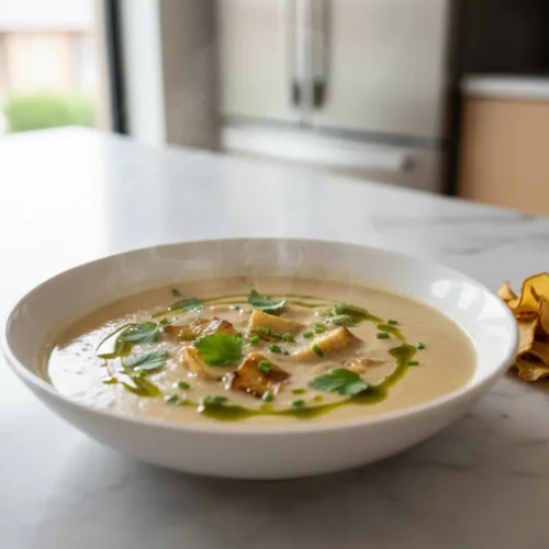 Beautiful plated Prebiotic Jerusalem Artichoke Microbiome Soup