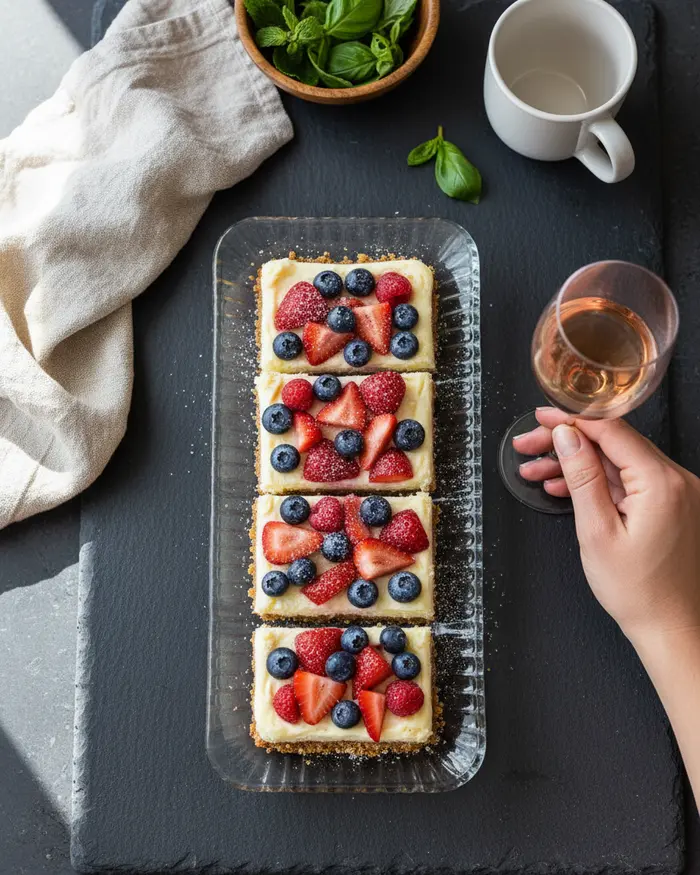 Red White Blue Berry Cheesecake Bars Recipe 4 final plated dish