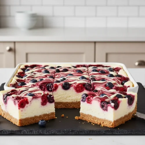 Beautiful plated Red White Blue Berry Cheesecake Bars