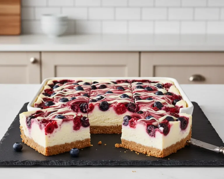 Beautiful plated Red White Blue Berry Cheesecake Bars