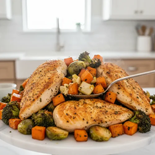 Beautiful plated Sheet Pan Chicken and Veggies