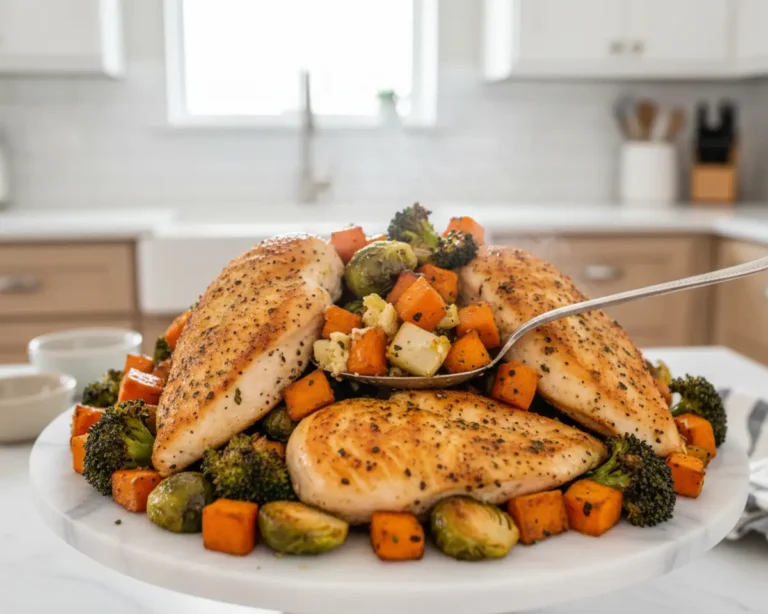 Beautiful plated Sheet Pan Chicken and Veggies