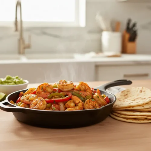 Beautiful plated Sheet Pan Shrimp Fajitas