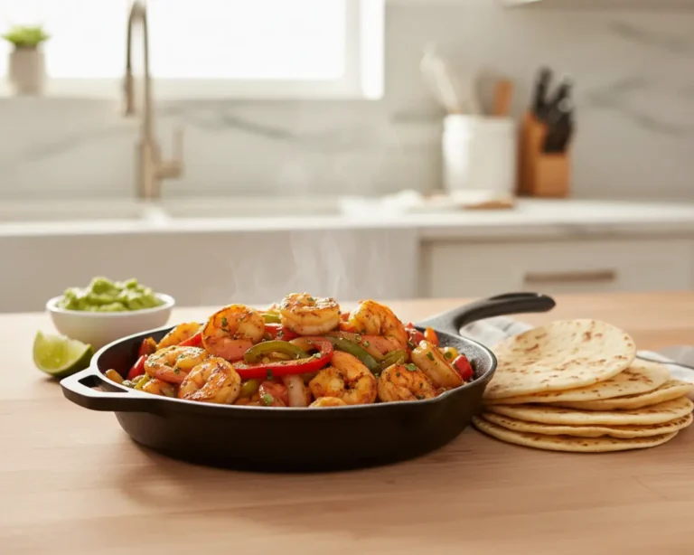 Beautiful plated Sheet Pan Shrimp Fajitas