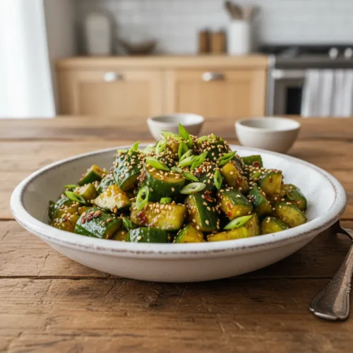 Beautiful plated Smashed Cucumber Salad