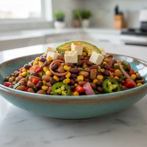 Beautiful plated Southwestern & Mexican Dense Bean Salad Recipe