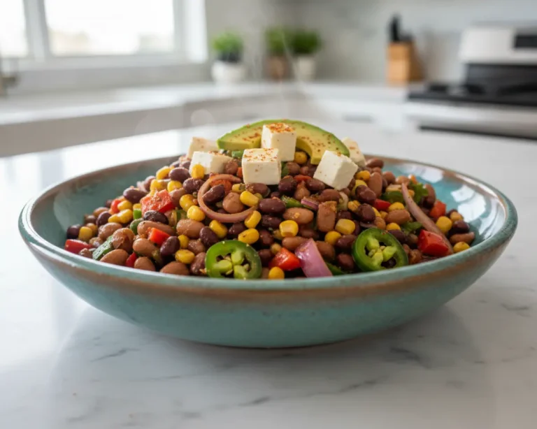 Beautiful plated Southwestern & Mexican Dense Bean Salad Recipe