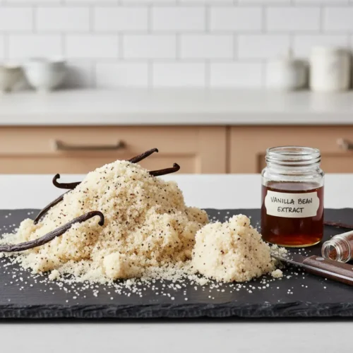 Beautiful plated Spent Vanilla Bean Sugar and Extract