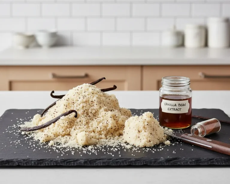 Beautiful plated Spent Vanilla Bean Sugar and Extract