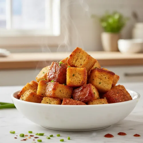 Beautiful plated Stale Hot Dog Bun Croutons