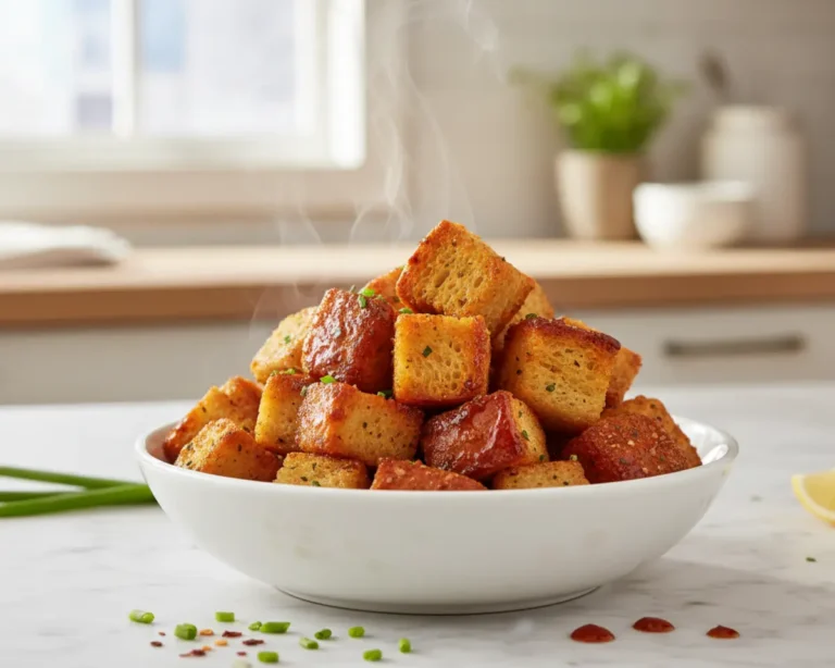 Beautiful plated Stale Hot Dog Bun Croutons