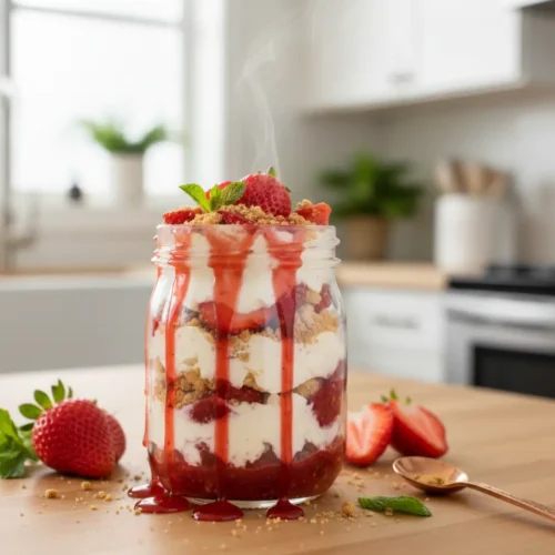 Beautiful plated Strawberry Cheesecake Overnight Oats