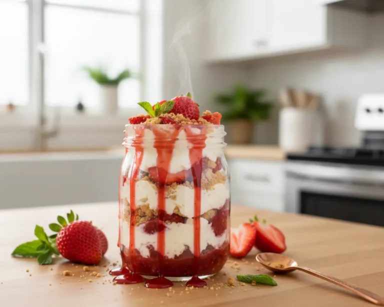Beautiful plated Strawberry Cheesecake Overnight Oats