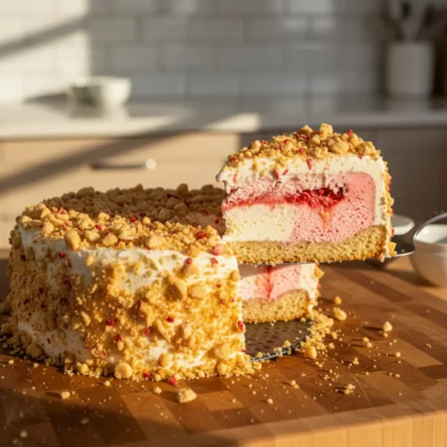 Beautiful plated Strawberry Shortcake Ice Cream Cake