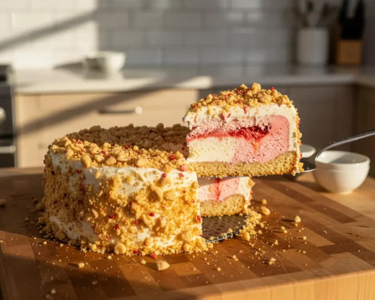 Beautiful plated Strawberry Shortcake Ice Cream Cake
