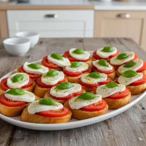 Beautiful plated Tomato Basil Mozzarella Crostini