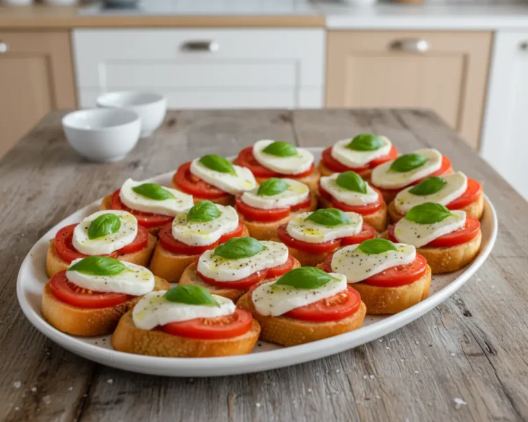 Beautiful plated Tomato Basil Mozzarella Crostini