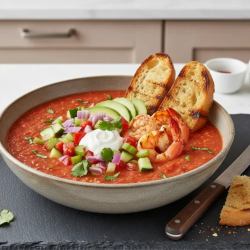 Beautiful plated Tomato Water Gazpacho: Waste Nothing
