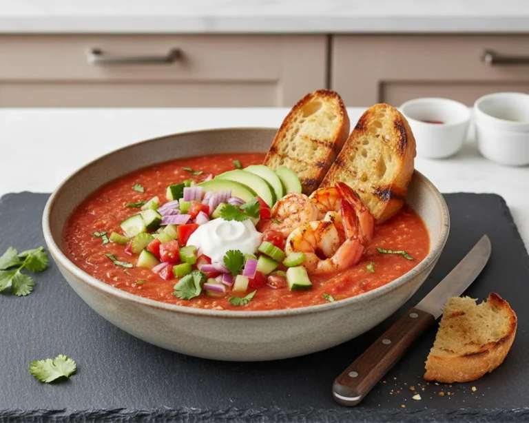 Beautiful plated Tomato Water Gazpacho: Waste Nothing