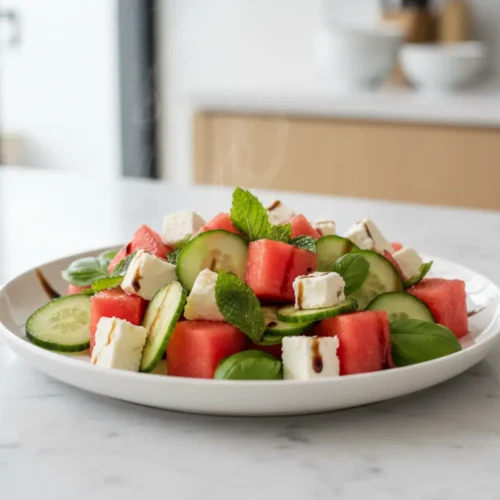 Beautiful plated Watermelon Feta Cucumber Salad