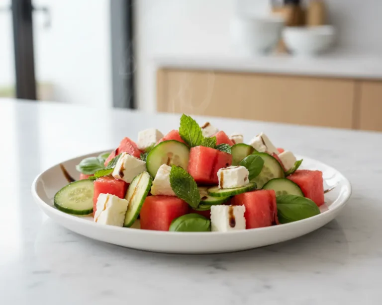 Beautiful plated Watermelon Feta Cucumber Salad