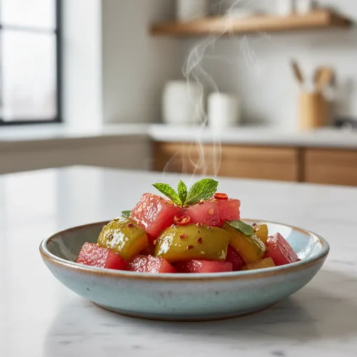 Beautiful plated Watermelon Rind Pickles for Summer BBQs