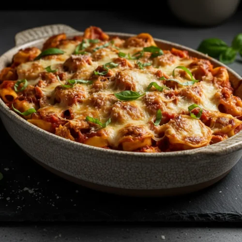 Beautiful plated 5-Ingredient Chicken Parm Tortellini Bake