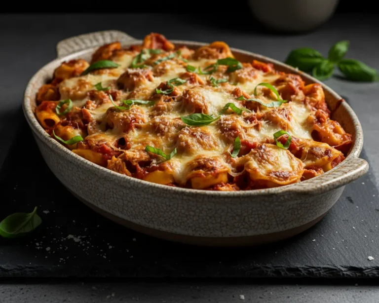 Beautiful plated 5-Ingredient Chicken Parm Tortellini Bake