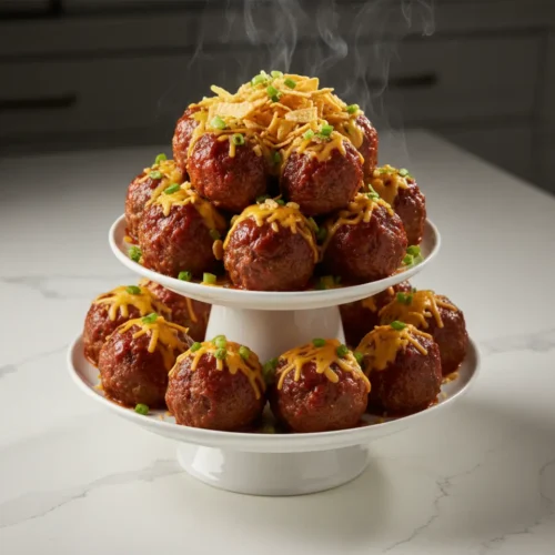 Beautiful plated 5-Ingredient Crockpot Frito Pie Meatballs