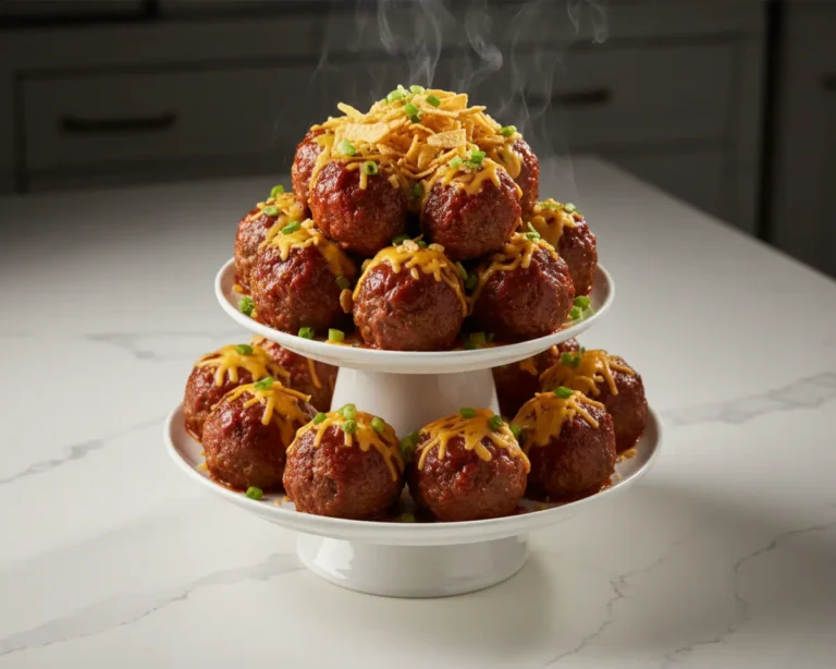 Beautiful plated 5-Ingredient Crockpot Frito Pie Meatballs