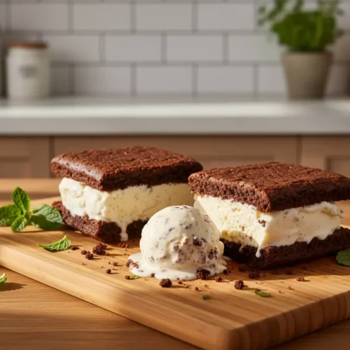 Beautiful plated Brownie Ice Cream Sandwiches