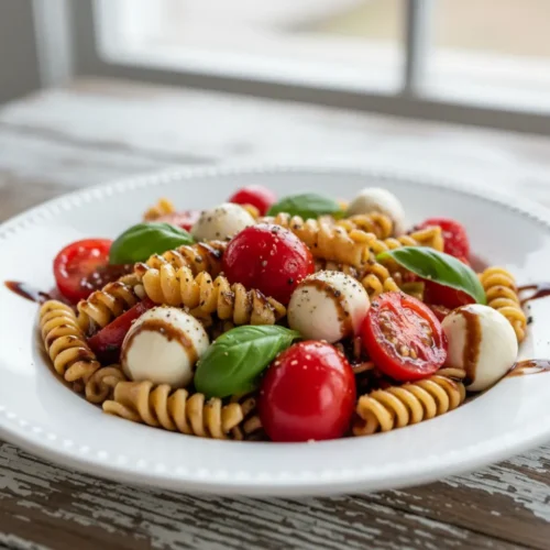 Beautiful plated Caprese Pasta Salad