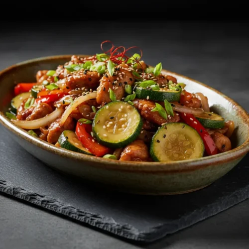 Beautiful plated Chicken Zucchini Stir Fry