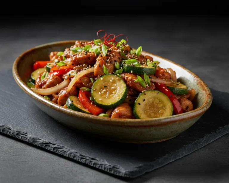 Beautiful plated Chicken Zucchini Stir Fry