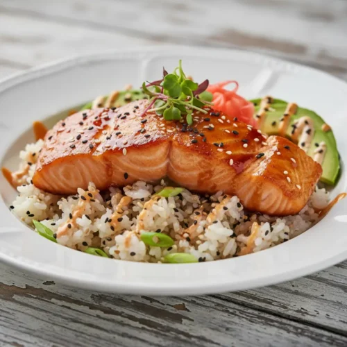 Beautiful plated Crispy Salmon Rice Bowls