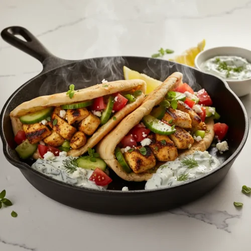 Beautiful plated Greek Chicken Pita Pockets