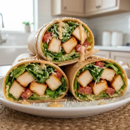 Beautiful plated Grilled Chicken Caesar Wraps