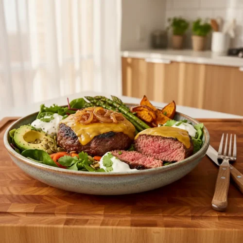 Beautiful plated Healthy Burger Bowls