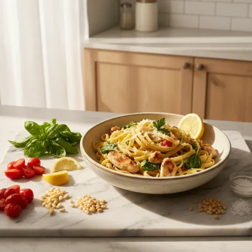 Beautiful plated Lemon Garlic Chicken Pasta