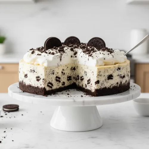 Beautiful plated No-Bake Oreo Cheesecake