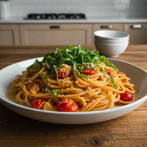 Beautiful plated One-Pot Tomato Basil Pasta