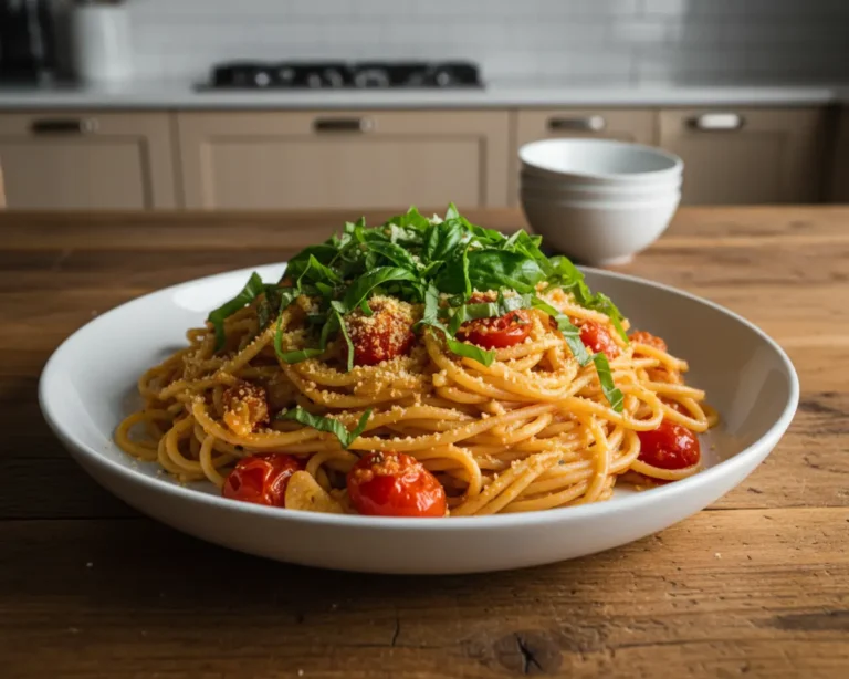 Beautiful plated One-Pot Tomato Basil Pasta